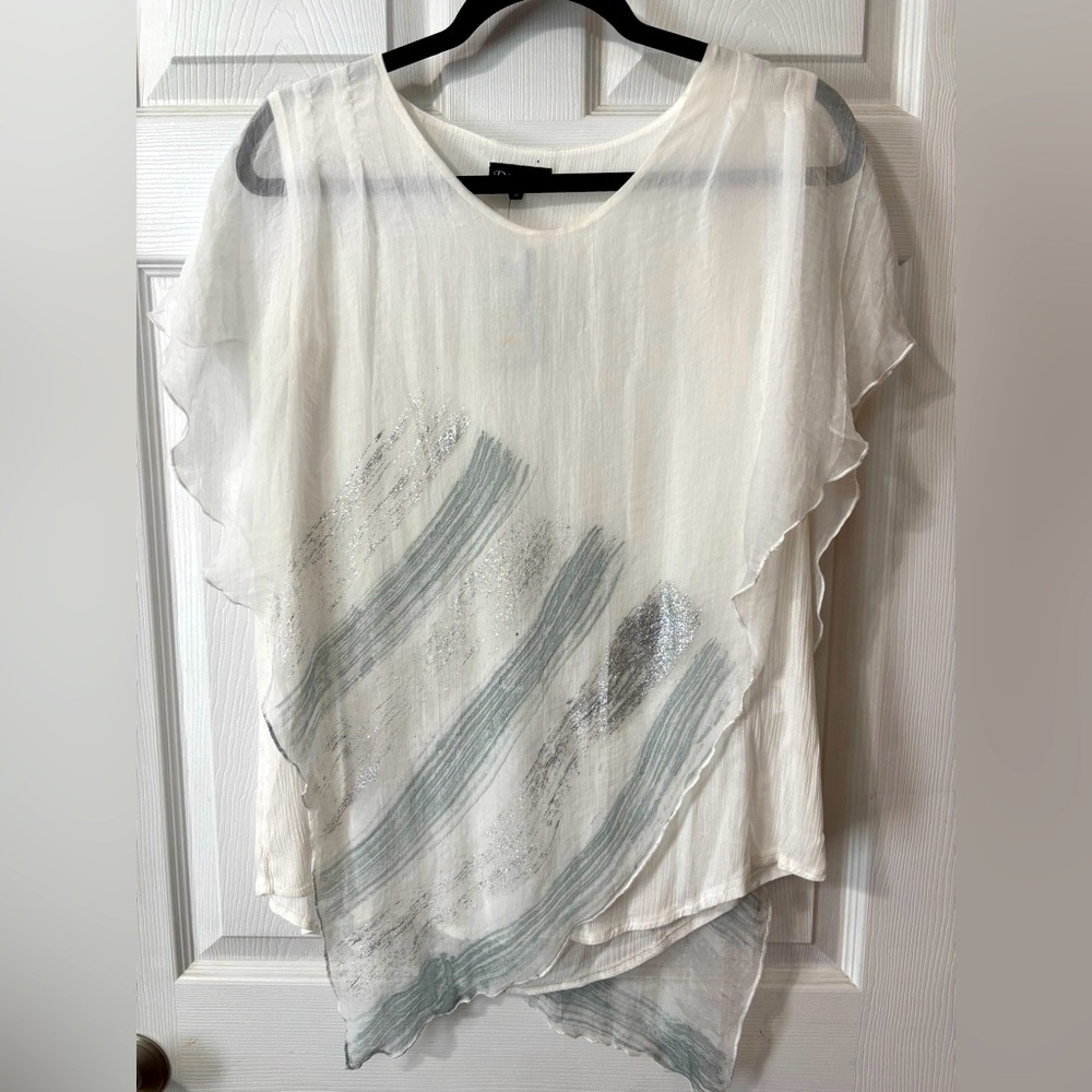 Dor Dor Couture White Layered Boho Blouse Top W/overlay Glitter size Medium